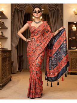 FLOSIVE - Red Pure Ajrakh Satin Silk with Original Mirror Work Saree