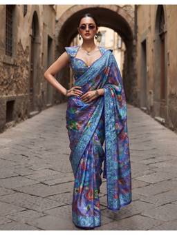 FLOSIVE - Multi-Color Pure Ajrakh Satin Silk with Original Mirror Work Saree