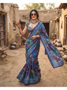 FLOSIVE - Multi-Color Pure Ajrakh Satin Silk with Original Mirror Work Saree