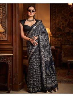 FLOSIVE - Black Pure Ajrakh Satin Silk with Original Mirror Work Saree