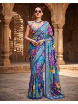 FLOSIVE - Pure Ajrakh Multi-Color Satin Silk with Original Mirror Work Saree
