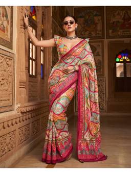 FLOSIVE - Multi-Color Pure Ajrakh Satin Silk with Original Mirror Work Saree
