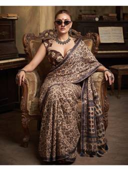 FLOSIVE - Beige Pure Ajrakh Satin Silk with Original Mirror Work Saree