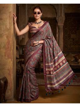 FLOSIVE - Brown Pure Ajrakh Satin Silk with Original Mirror Work Saree