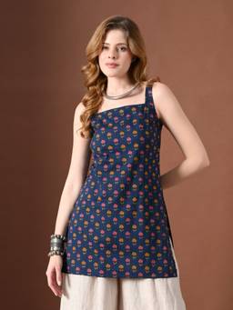 Laado - Blue Women Floral Printed Pure Cotton Backless Kurti