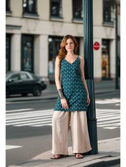 Laado - Teal Women Floral Print Backless Kurti