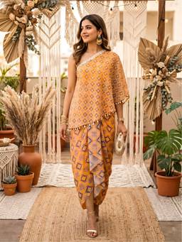 Label Kanupriya - Yellow Geometric Print One-Shoulder Top with Skirt