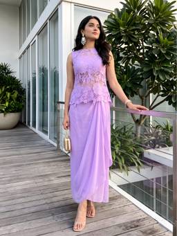 Label Kanupriya - Purple Cutwork Top with Skirt and Inner