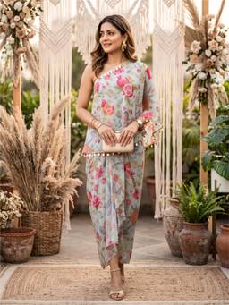 Label Kanupriya - Blue Floral Georgette One-Shoulder Top with Skirt