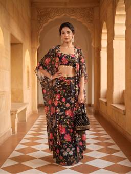 Label Kanupriya - Black Floral Crop-Top with Skirt and Cape