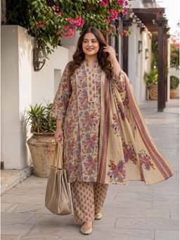 Miravan - Womens Plus Size Beige Floral Pure Cotton Kurta with Pant and Dupatta