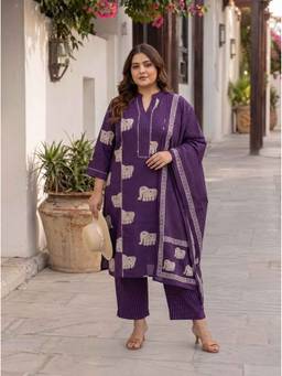 Miravan - Womens Purple Cotton Print Kurta with Pant and Dupatta