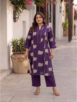 Miravan - Womens Plus size Purple Printed Kurta with Pant