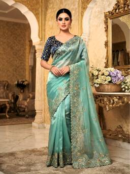 FLOSIVE - Green Premium Satin Silk Embroidered Designer Saree