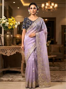 FLOSIVE - Lavender Premium Satin Silk Embroidered Designer Saree