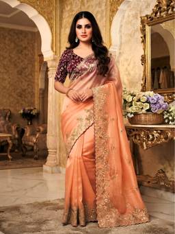 FLOSIVE - Orange Premium Satin Silk Embroidered Designer Saree