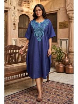 NAVYAS FASHION - Navy Blue Embroidered Cotton Kaftan
