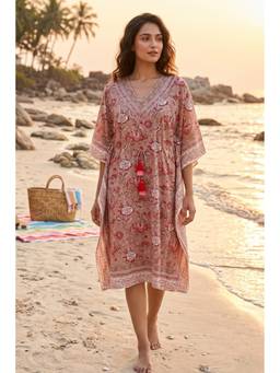 NAVYAS FASHION - Brown Block Print Floral Cotton Kaftan