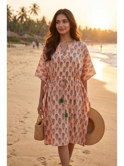 NAVYAS FASHION - Peach Floral Hand Block Printed Kaftan Dress