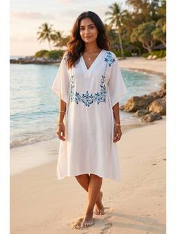 NAVYAS FASHION - White Cotton Embroidery Kaftan