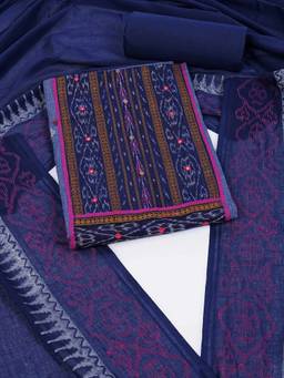 Kami Kubi - Blue Cotton with Ikat Yoke Unstitched Fabric with Dupatta