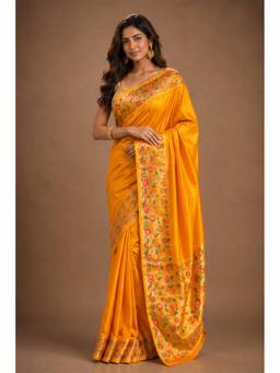 MEENA BAZAAR Since 1970 - Yellow Mulberry Silk Paithani Work Saree