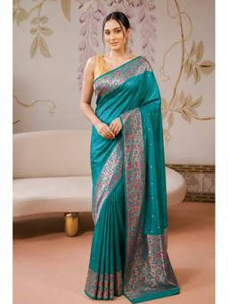 MEENA BAZAAR Since 1970 - Teal Mulberry Silk Paithani Work Saree