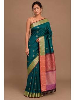 MEENA BAZAAR Since 1970 - Teal Cotton Silk Zari Work Saree