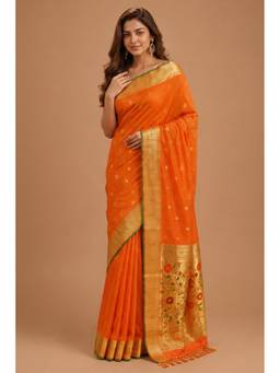 MEENA BAZAAR Since 1970 - Orange South Silk Paithani Work Saree