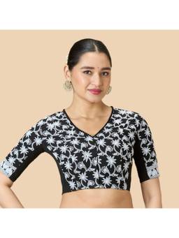 Studio Shringaar - Women's Black Cotton Chikankari Side Stretch Readymade Saree Blouse