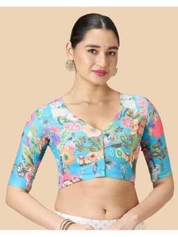 Studio Shringaar - Blue Cotton Floral Printed Smocked Saree Blouse