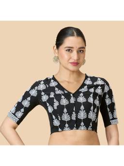 Studio Shringaar - Women's Black Cotton Floral Chikankari Saree Blouse