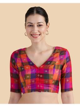 Studio Shringaar - Art Silk Multi-Coloured V-Neck Checkered Saree Blouse