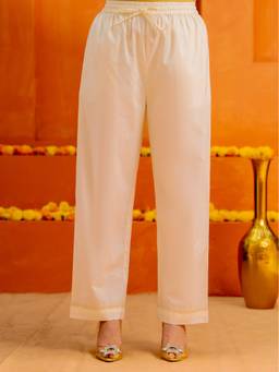 ARAMYA - Off White Soft Cotton Solid Pant