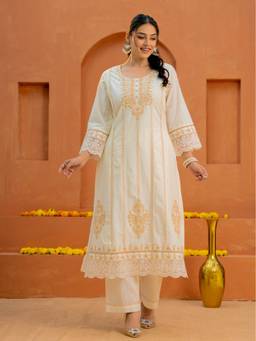ARAMYA - Off White Soft Cotton Straight Embroidered Kurta with Pant
