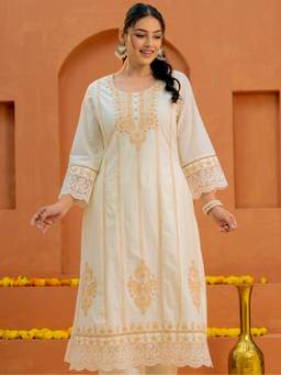 ARAMYA - Off White Soft Cotton Embroidered Kurta