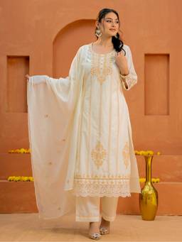 ARAMYA - Off White Soft Cotton Embroidered Kurta with Pant and Dupatta
