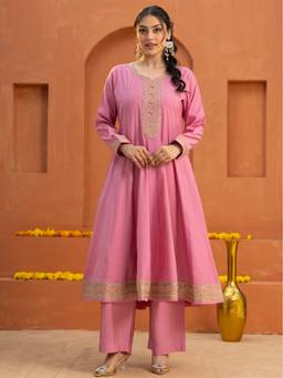 ARAMYA - Pink Chanderi Embroidered Anarkali Kurta with Pant