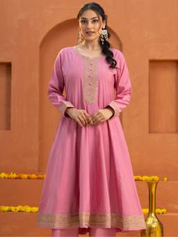 ARAMYA - Pink Chanderi Anarkali Embroidered Kurta