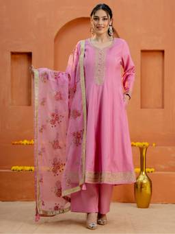 ARAMYA - Pink Chanderi Embroidered Anarkali Kurta with Pant and Dupatta