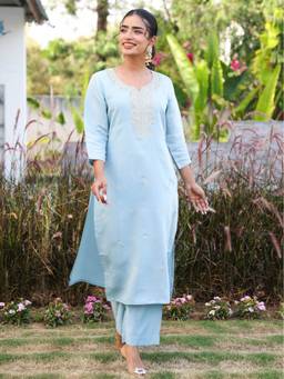 ARAMYA - Blue Chanderi Straight Embroidered Kurta with Pant