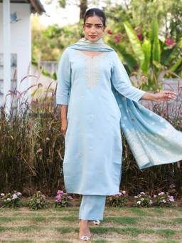 ARAMYA - Blue Chanderi Embroidered Kurta with Pant and Dupatta