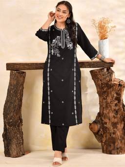 ARAMYA - Black Soft Cotton Straight Embroidered Kurta with Pant