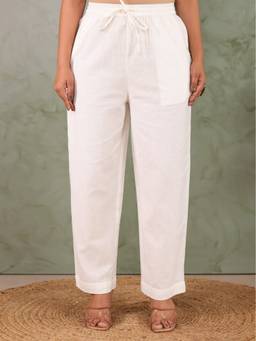ARAMYA - Off White Linen Cotton Solid Pant