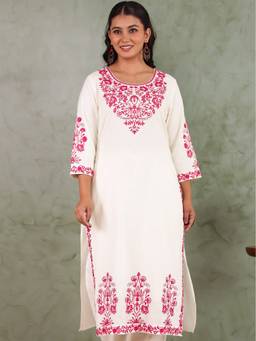 ARAMYA - Off White Linen cotton Straight Embroidered Kurta