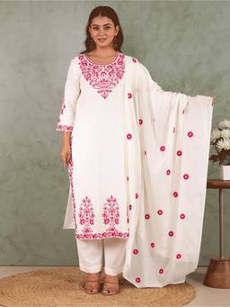 ARAMYA - Off White Linen Cotton Embroidered Kurta with Pant and Dupatta