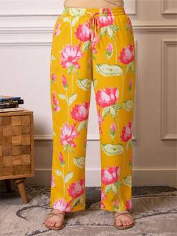 ARAMYA - Yellow Soft Cotton Floral Pant