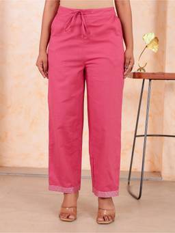 ARAMYA - Pink Linen Cotton Solid Pant