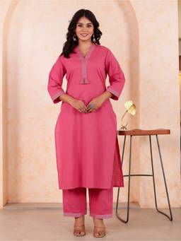 ARAMYA - Pink Linen Cotton Straight Solid Kurta with Pant