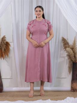 ARAMYA - Pink Linen Blend Flared Solid Dress